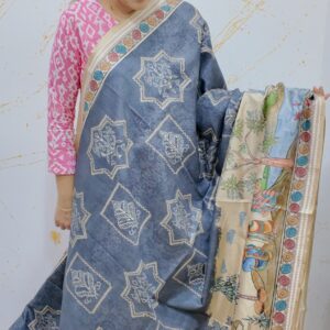 Tussar silk grey kalamkari print saree with sequeance work