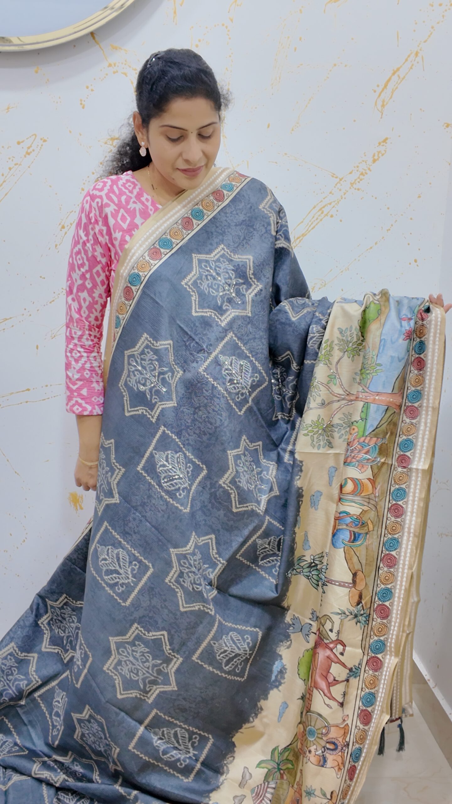 Tussar silk grey kalamkari print saree with sequeance work