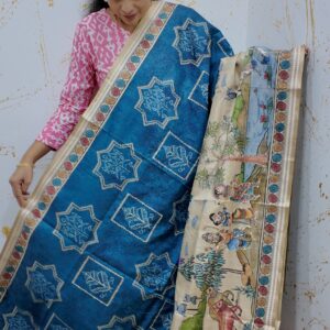 Tussar silk teal-blue kalamkari print saree with sequeance work